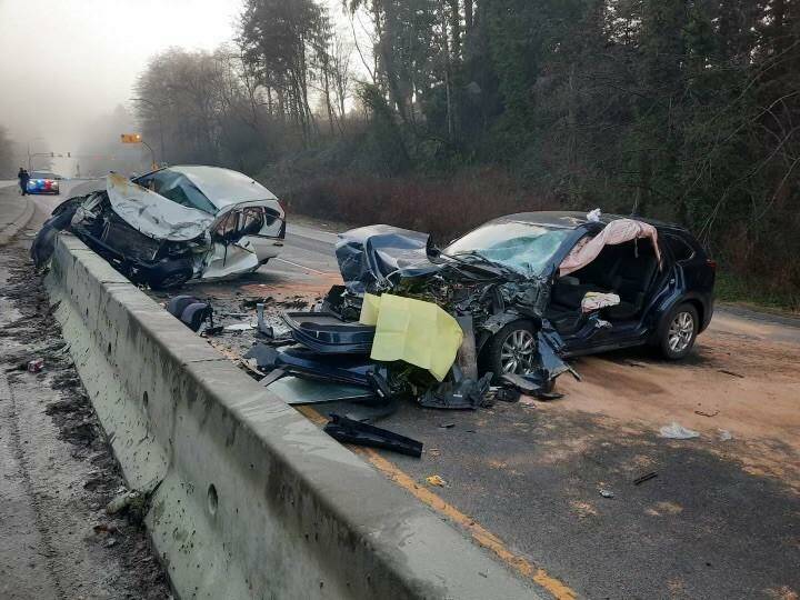 Delta police are crediting an off-duty Delta firefighter, off-duty RCMP officer and a Good Samaritan with saving the life of a driver trapped in their burning vehicle following a crash in North Delta the morning of Thursday, Jan. 19, 2023. (Delta Police Department photo)