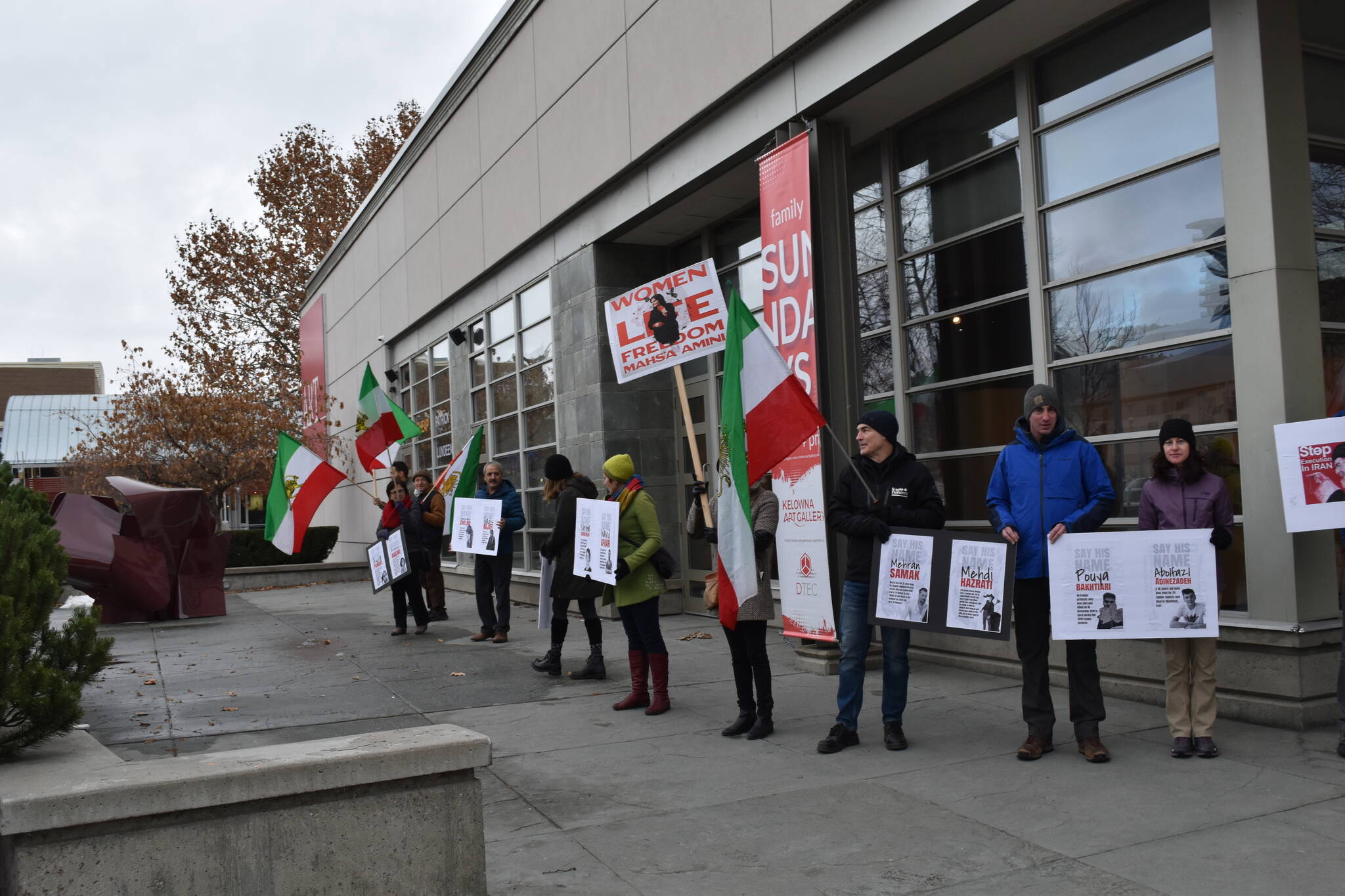 A 'human-chain' protest took place in front of the Kelowna Art Gallery in support of the Iran Revolution on Saturday. (Jordy Cunningham/Capital News)