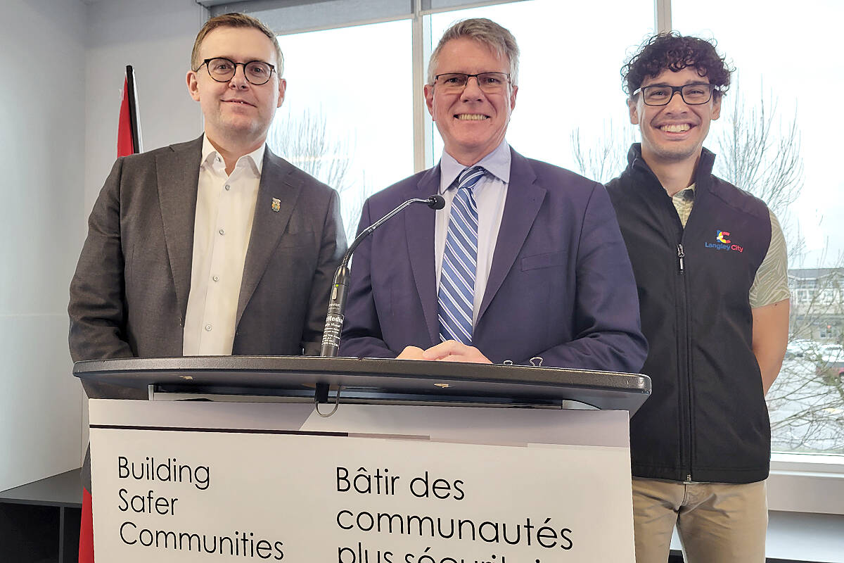 Township of Langley mayor Eric Woodward, Cloverdale–Langley City MP John Aldag, and Langley City Mayor Nathan Pachal at a Wednesday, Jan. 25 announcement of $2.86 in federal funding to fight gun and gang violence in both communities. (Dan Ferguson/Langley Advance Times)
