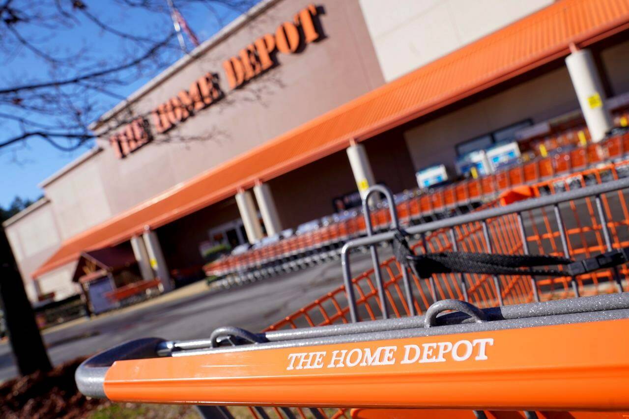 Shopping carts are lined up at The Home Depot store on Monday, Feb. 22, 2021, in Cornelius, N.C. (AP Photo/Chris Carlson)