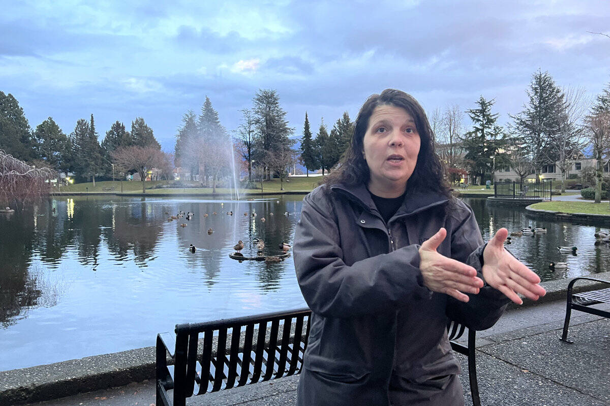 Khristina (last name withheld), seen here at Salish Park on Jan. 18, 2023, from Saskatchewan comes to Chilliwack twice a year to find her son who is living on the streets, and to hand out supplies to homeless people. (Paul Henderson/ Chilliwack Progress)