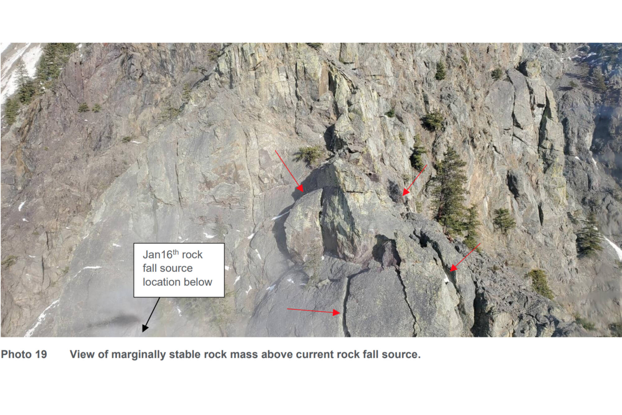 The geotechnical assessment of the slide area near Keremeos after Jan. 16’s slide found further potential rock fall areas on the mountainside. (Regional District of Okanagan Similkameen)