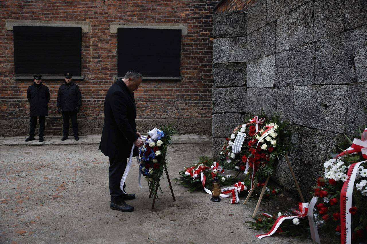 Second Gentleman Douglas Emhoff lays a wreath during his visit to the former Nazi German concentration and extermination camp KL Auschwitz during ceremonies marking the 78th anniversary of the liberation of the camp in Oswiecim, Poland, Friday, Jan. 27, 2023. (AP Photo/Michal Dyjuk)