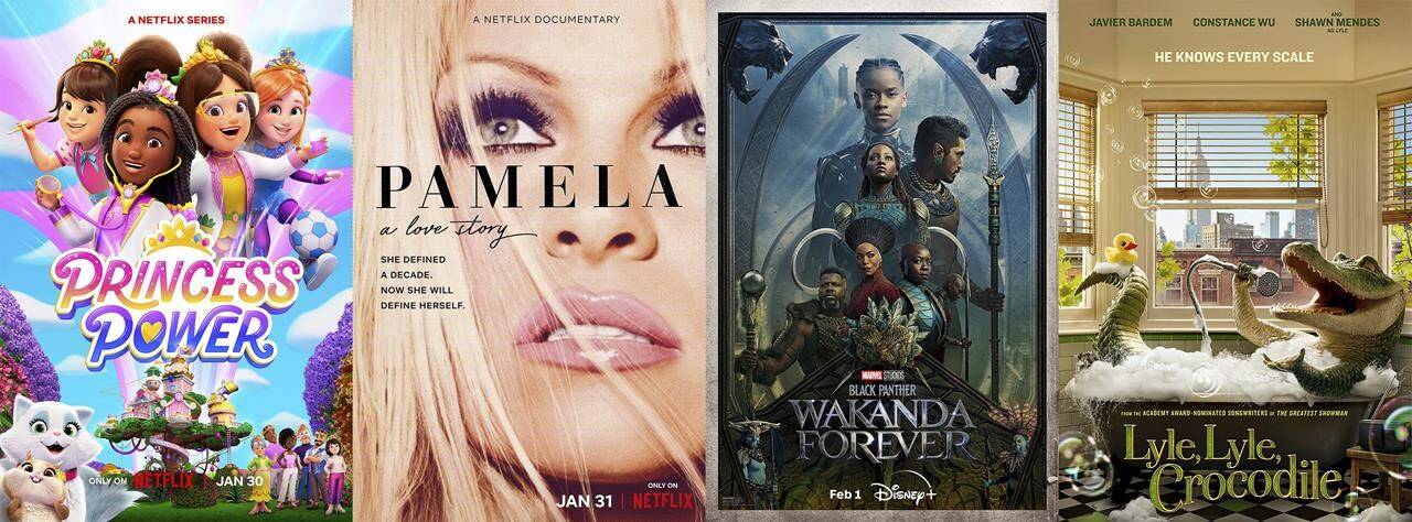 This combination of photos shows promotional art for “Princess Power,” a series premiering Jan 30, “Pamela: A Love Story,” premiering Jan. 31, “Black Panther: Wakanda Forever,” premiering Feb. 1, and “Lyle, Lyle Crocodile” premiering on Feb. 4. (Netflix/Netflix/Disney+/Netflix via AP)