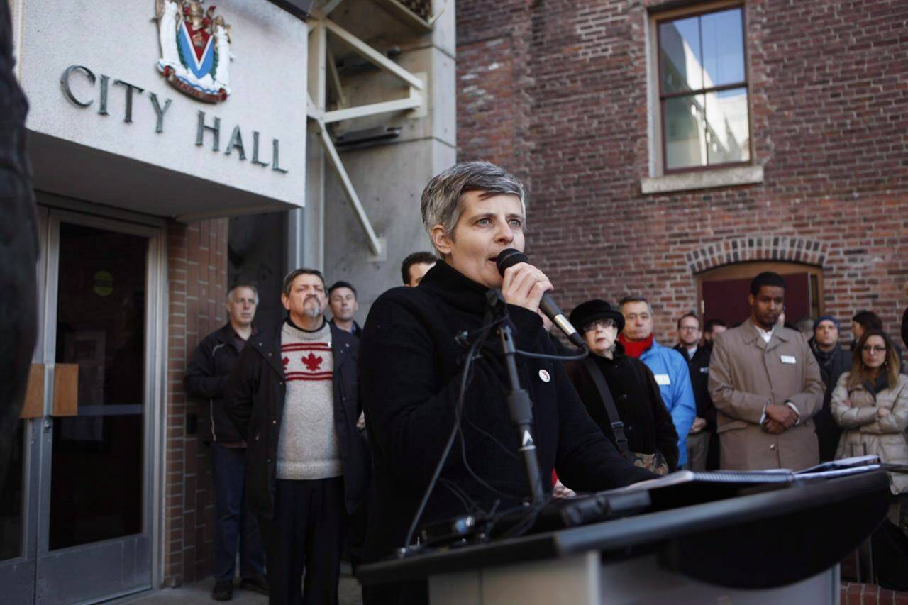 Mayor Lisa Helps speaks during a vigil in Victoria on January 31, 2017. Helps says she’s disappointed in the poor judgment exercised by a member of council who travelled outside of Canada during the COVID-19 pandemic. THE CANADIAN PRESS/Chad Hipolito