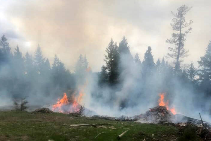An old burn pile was reignited near the Westwold landfill and discovered May 1, 2022. (Patrick Green photo)