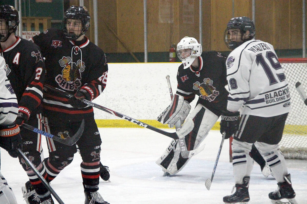 Goalie Braeden Mitchell and the Kelowna Chiefs are a win away from advancing to the KIJHL's Bill Ohlhausen Divisional final against the Princeton Posse following a 6-1 win in Armstrong Tuesday, March 3, over the North Okanagan Knights at the Nor-Val Sports Centre. (Roger Knox - Black Press)