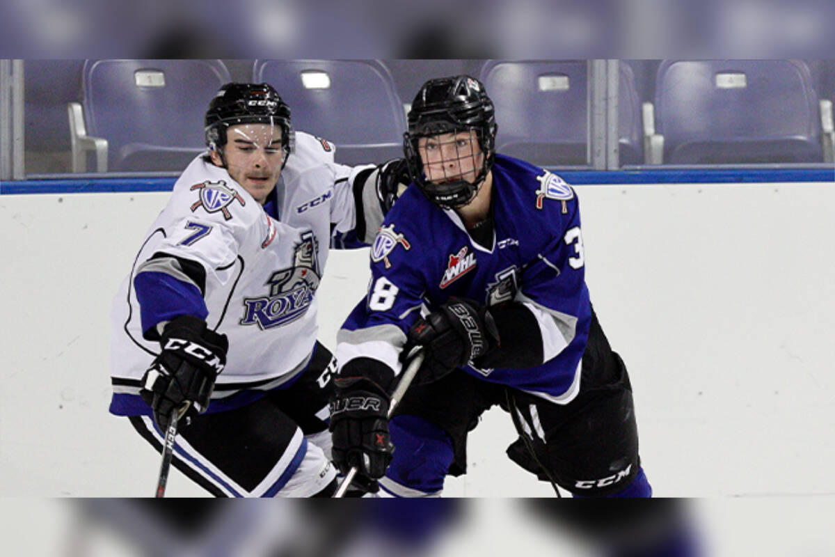 Alex Edwards, right, has been signed to the Victoria Royals. The 18-year-old from Grand Forks has been playing with the Kelowna Chiefs of the Kootenay International Junior Hockey League. (Photo Courtesy of Victoria Royals)