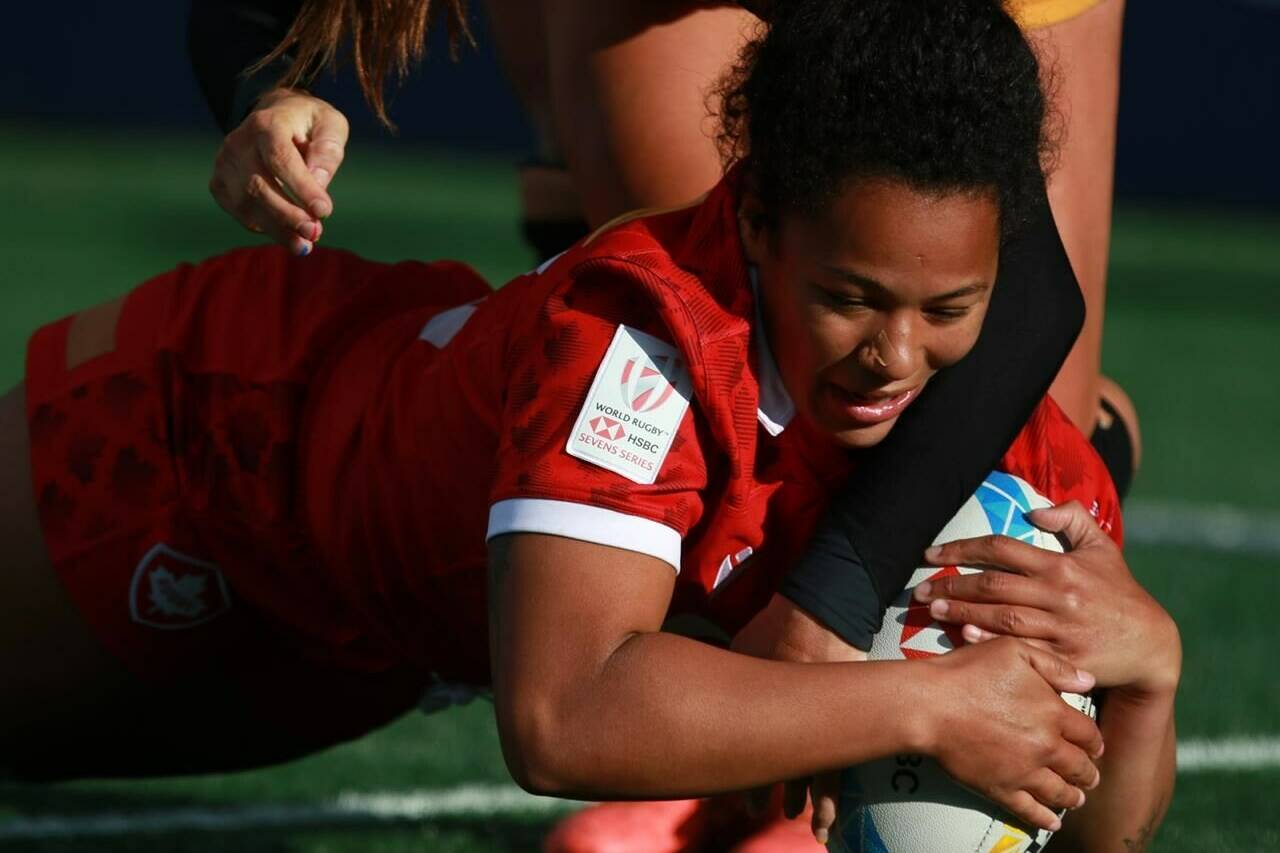 Canada’s Fancy Bermudez grabs the ball from an Australian player during the second half of rugby action at the HSBC World Rugby Women’s Sevens Series at Starlight Stadium in Langford, B.C., on Saturday, April 30, 2022. Bermudez scored two tries in a losing cause against Brazil at the HSBC Sydney Sevens. THE CANADIAN PRESS/Chad Hipolito