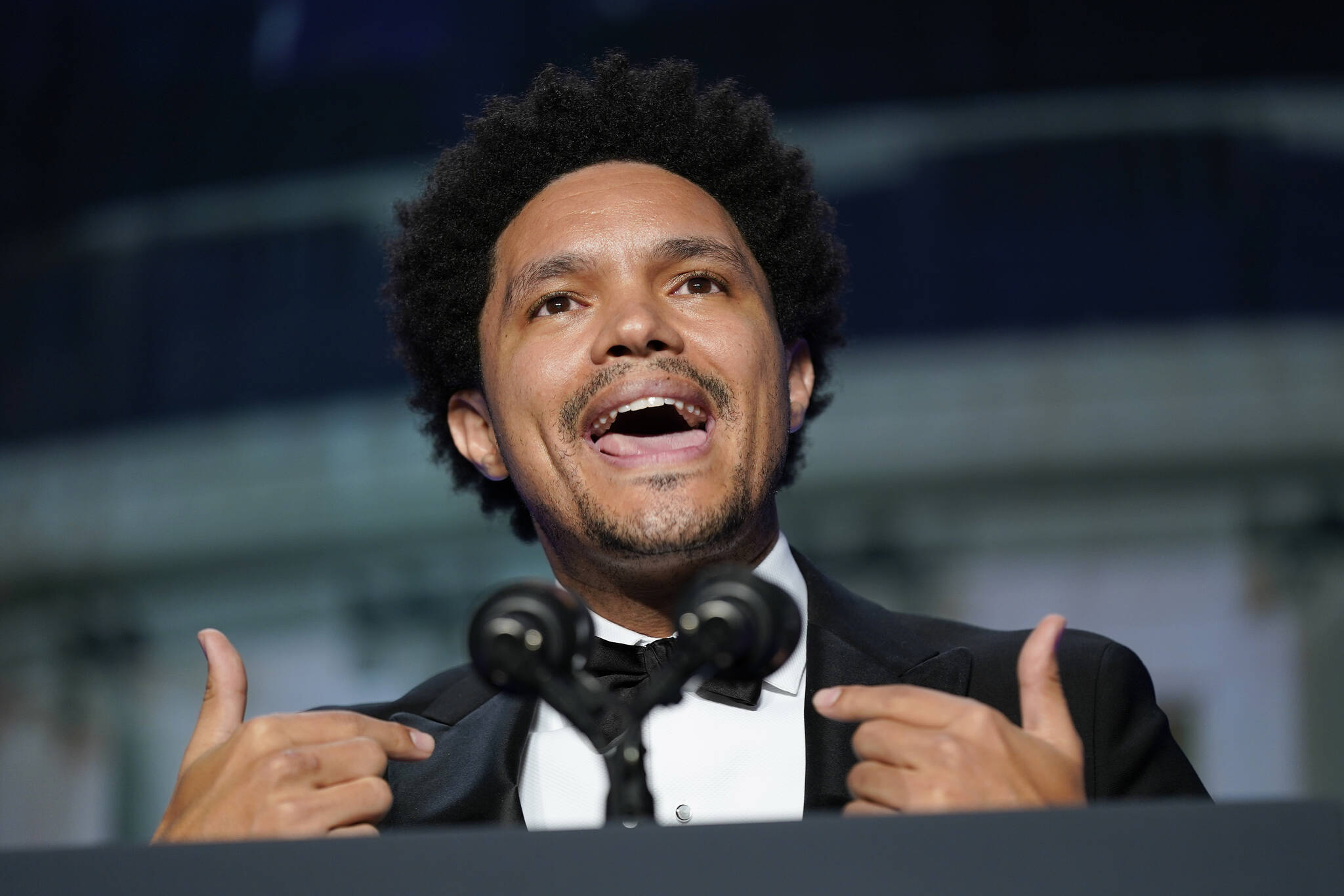 Trevor Noah, host of Comedy Central’s “The Daily Show,” speaks at the annual White House Correspondents’ Association dinner, Saturday, April 30, 2022, in Washington. (AP Photo/Patrick Semansky)