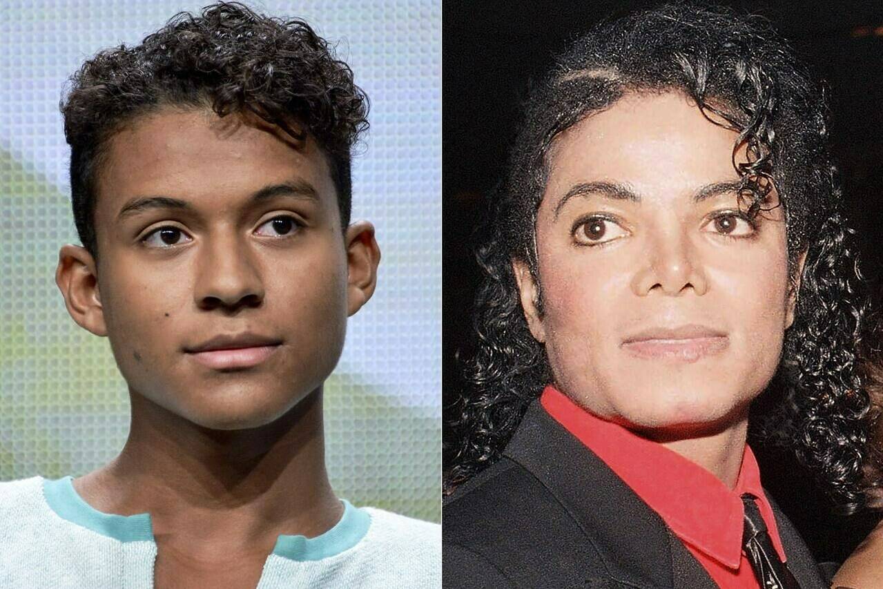 Jaafar Jackson appears during the “Living with The Jacksons” panel at the Reelz Channel 2014 Summer TCA in Beverly Hills, Calif., on July 12, 2014, left, and Michael Jackson appears at the American Cinema Award gala in Beverly Hills, Calif., on Jan. 9, 1987. Michael Jackson’s 26-year-old nephew, Jaafar, will play the King of Pop in a planned biopic to be directed by Antoine Fuqua. (AP Photo)