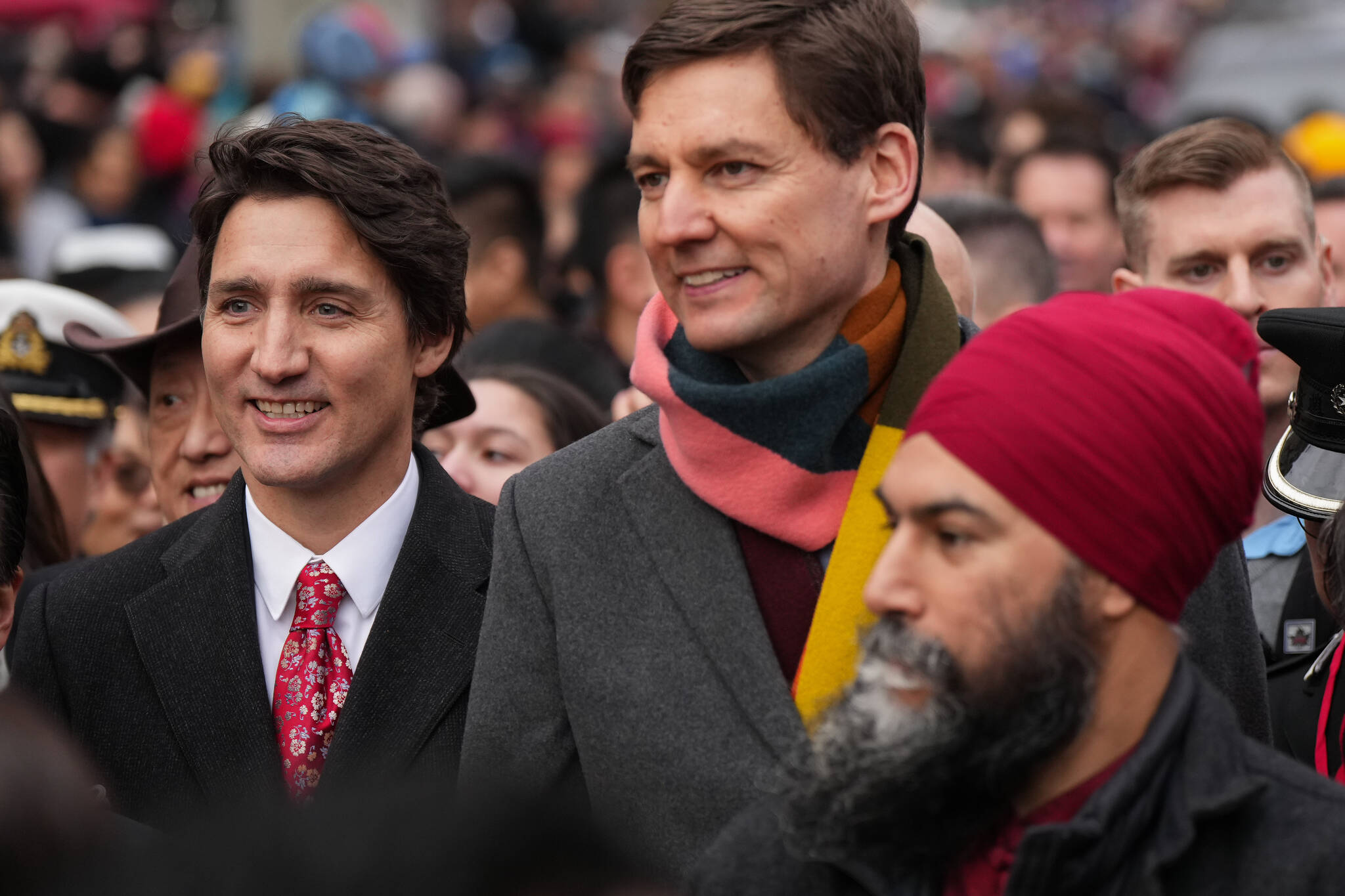Prime Minister Justin Trudeau, from left to right, B.C. Premier David Eby and NDP leader Jagmeet Singh prepare to march in the Lunar New Year parade in Chinatown, in Vancouver, on Sunday, January 22, 2023. THE CANADIAN PRESS/Darryl Dyck