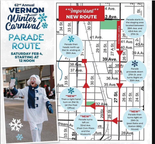 The Vernon Winter Carnival’s annual parade has a new route for 2023. (Contributed)