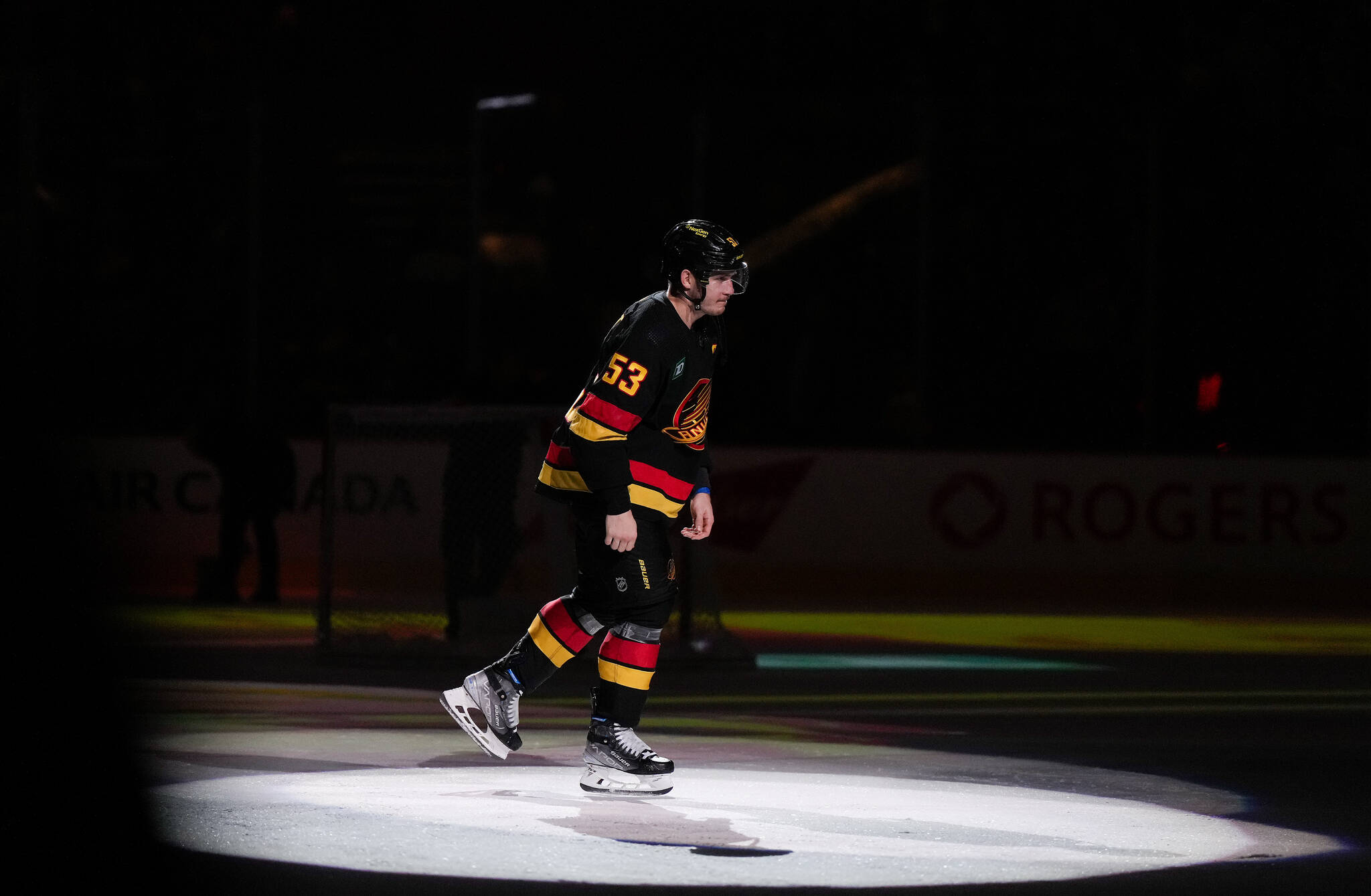 Vancouver Canucks’ Bo Horvat skates off the ice after being named the first star of an NHL hockey game against the Columbus Blue Jackets in Vancouver, on Friday, January 27, 2023. THE CANADIAN PRESS/Darryl Dyck