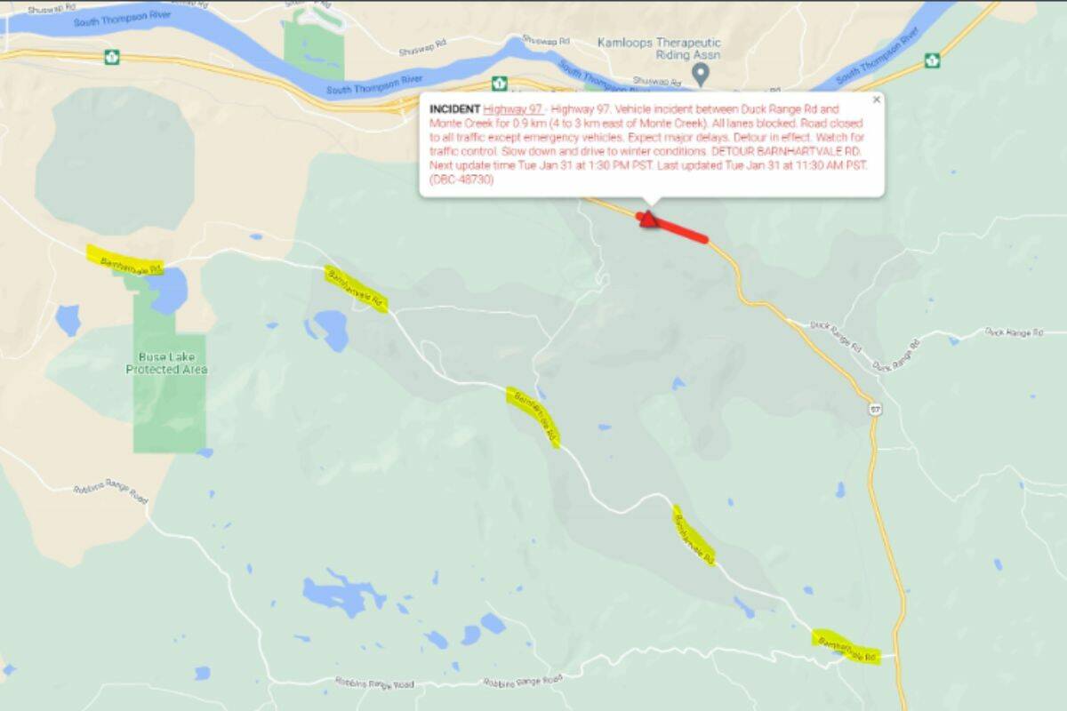 A vehicle incident has closed Highway 97 both ways, near Kamloops and Falkland (DriveBC)