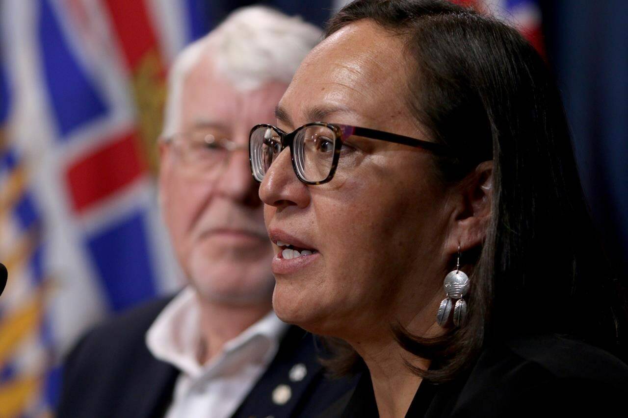 Dr. Nel Wieman with the First Nations Health Authority speaks about the illicit drug toxicity deaths in the province and about the effect on First Nation’s communities during a press conference at B.C. Legislature in Victoria, B.C., on Monday, February 24, 2020. THE CANADIAN PRESS/Chad Hipolito