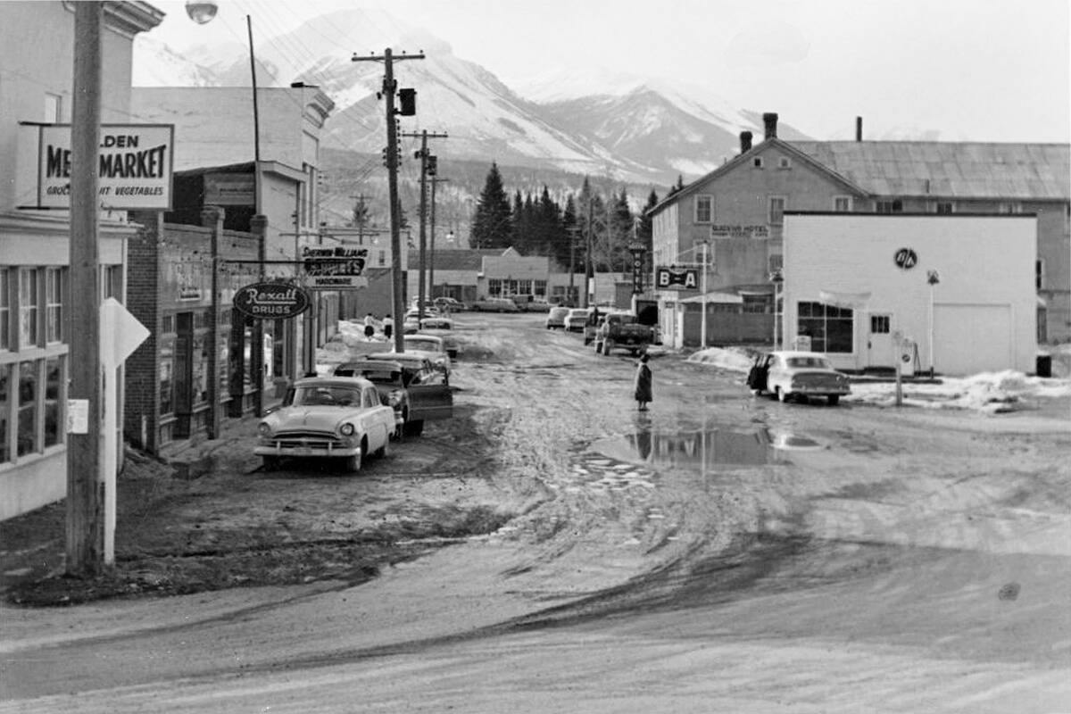 This historic photo is of Mainstreet Golden, in approximately 1960. The BA gas station to the right became the 7-11. This was before the streets were paved. 

~Golden Museum