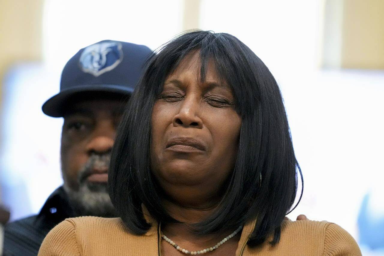 FILE - RowVaughn Wells, mother of Tyre Nichols, who died after being beaten by Memphis police officers, is comforted by Tyre’s stepfather Rodney Wells, at a news conference with civil rights Attorney Ben Crump in Memphis, Tenn., Jan. 27, 2023. The parents of Tyre Nichols will attend President Joe Biden’s State of the Union address next week. (AP Photo/Gerald Herbert, File)