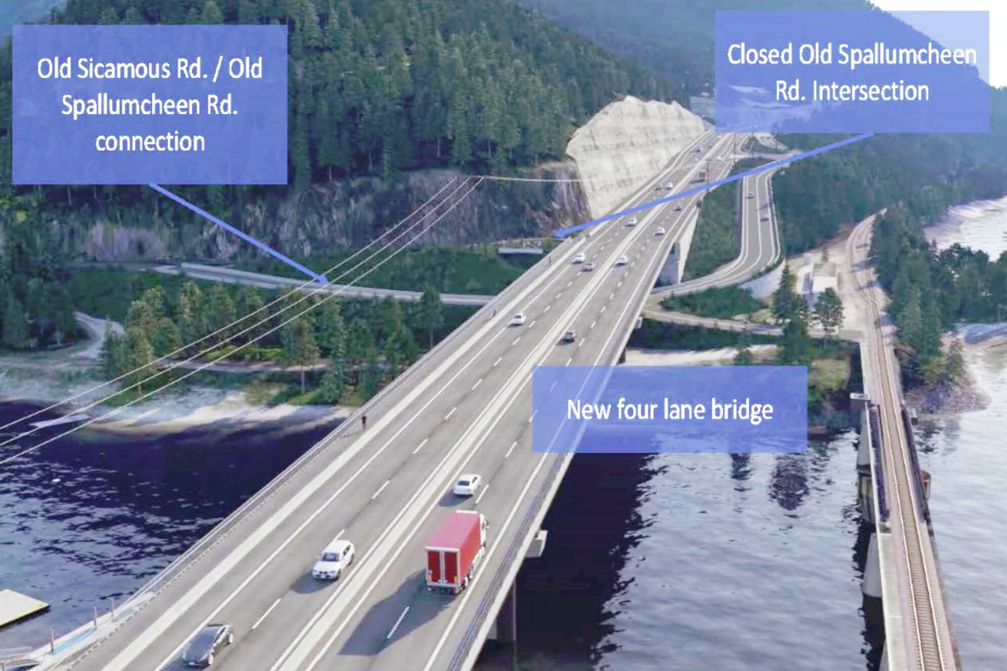 Concept still of the R.W. Bruhn Bridge replacement project, showing the new four-lane bridge and new connection at old Sicamous Road and Old Spallumcheen Road. (Province of British Columbia image)