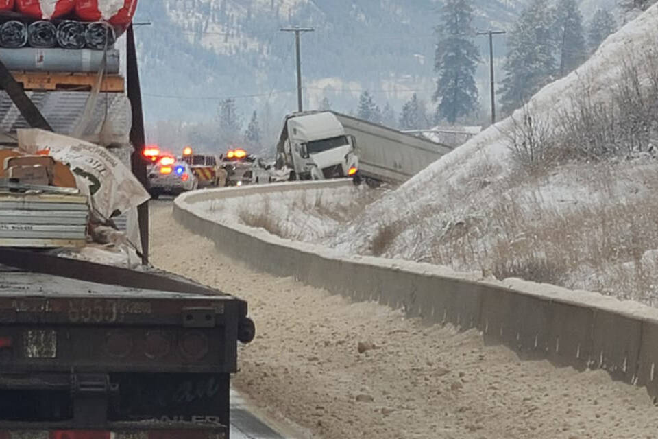 One driver has died and another has been taken to hospital after two semi trucks collided on Highway 5 north of Kamloops around noon Thursday, Feb. 2, 2023. (Roy Parker/Facebook photo)