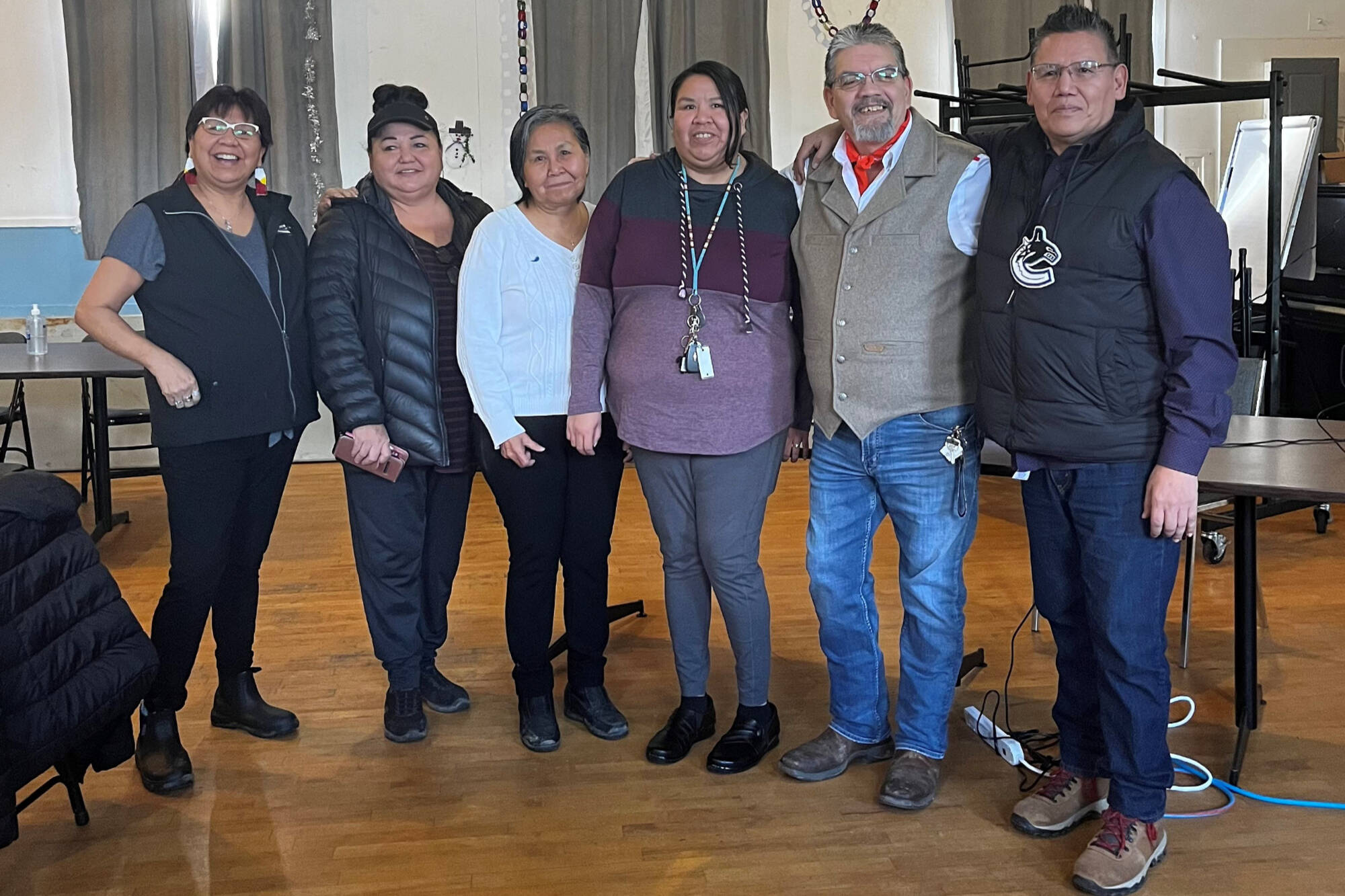 The new Neskonlith council, elected Jan. 26, 2023, from left, is: Councillor Frances Narcisse (Salmon Arm), Coun. Joan Hooper, Coun. Shirley Anderson, Coun. Mindy Dick, Kukpi7 (Chief) Irvin Wai and Coun. Brad Arnouse. (Tara Willard photo)