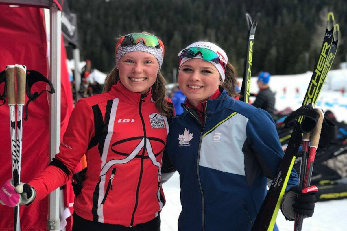 Alexandra Luxmoore and Maeve Macleod of the Revelstoke Nordic Ski Club taking home gold in the U16-18 Girls Team Sprint event at the Cross-Country Ski Nationals in Whistler last year. (Revelstoke Nordic Ski Club)