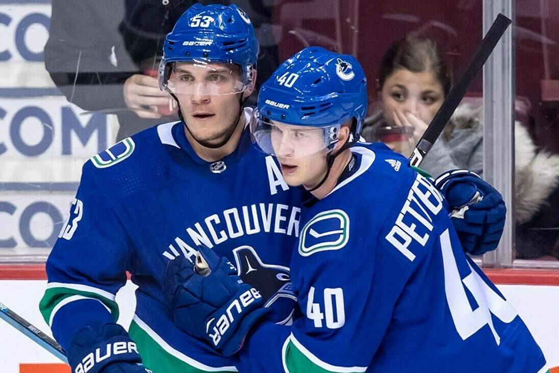 Vancouver Canucks’ Bo Horvat, left, and Elias Pettersson celebrate Horvat’s goal against the Los Angeles Kings during the first period of a pre-season NHL hockey game in Vancouver, B.C., on Thursday September 20, 2018. THE CANADIAN PRESS/Darryl Dyck