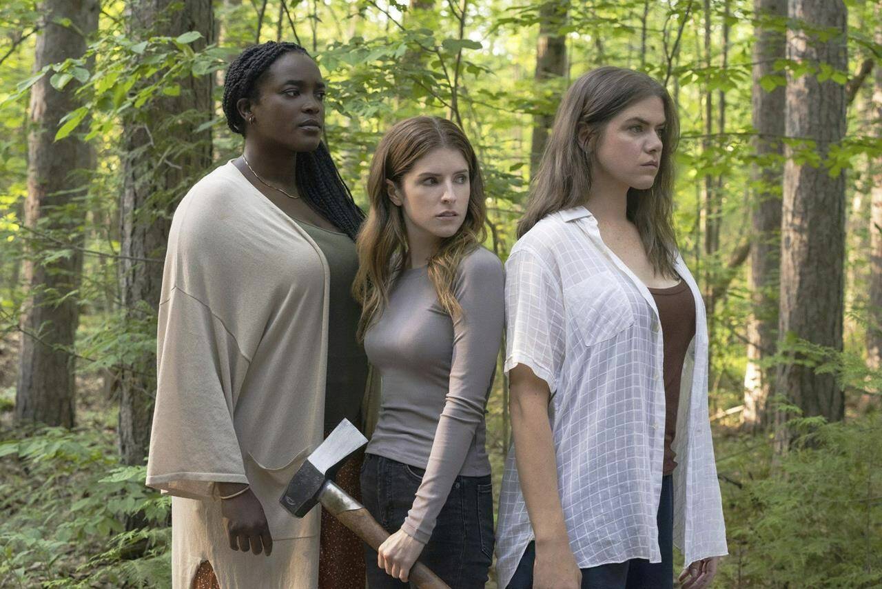 This image released by Lionsgate shows, from left, Wunmi Mosaku, Anna Kendrick, and Kaniehtiio Horn in a scene from “Alice, Darling.” THE CANADIAN PRESS/Lionsgate-Emma Close-Brooks via AP