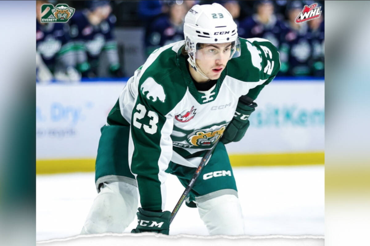 Vernon’s Steel Quiring is now a teammate of projected first overall NHL draft pick Connor Bedard. Quiring was traded from the Western Hockey League’s Everett Silvertips to the Regina Pats Jan. 10. (Everettsilvertips.com Photo)