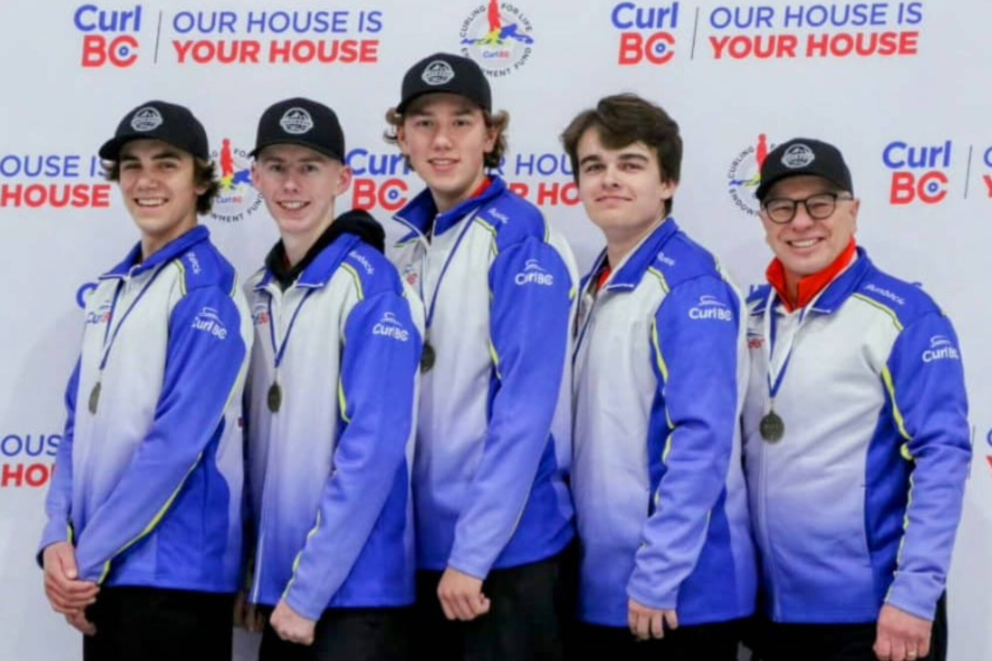 Team Blaeser, made up of Kaiden Beck, Nolan Blaeser, Nolan Beck and Koen Hampshire and coach Dale Hofer, all from Salmon Arm-Vernon, are off to an 0-2 start at the Under 18 Canadian Curling Championship in Timmins, Ont. (Team Blaeser Facebook)
