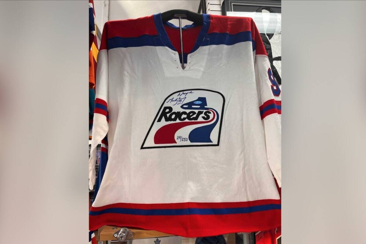 The Wayne Gretzky-autographed Indianapolis Racers jersey that was stolen from Player’s Choice Sports in Kelowna. (RCMP/Submitted)