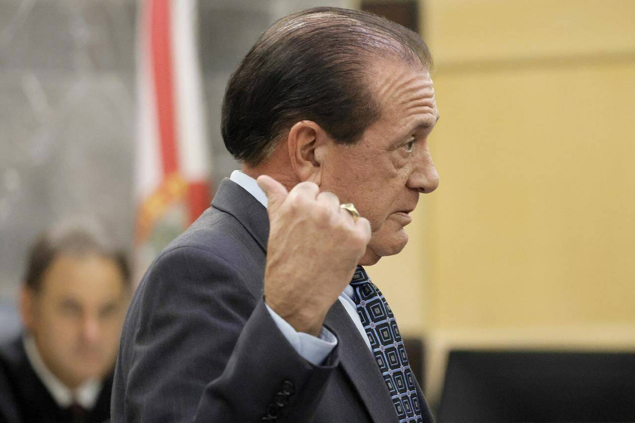 Suspected shooting accomplice Trayvon Newsome’s attorney, George Edward Reres, gives his opening statement during the XXXTentacion murder trial at the Broward County Courthouse in Fort Lauderdale, Fla., Tuesday, Feb. 7, 2023. Emerging rapper XXXTentacion, born Jahseh Onfroy, 20, was killed during a robbery outside of Riva Motorsports in Pompano Beach in 2018 allegedly by defendants Michael Boatwright, Trayvon Newsome, and Dedrick Williams. (Amy Beth Bennett/South Florida Sun-Sentinel via AP, Pool)
Suspected shooting accomplice Trayvon Newsome’s attorney, George Edward Reres, gives his opening statement during the XXXTentacion murder trial at the Broward County Courthouse in Fort Lauderdale, Fla., Tuesday, Feb. 7, 2023. Emerging rapper XXXTentacion, born Jahseh Onfroy, 20, was killed during a robbery outside of Riva Motorsports in Pompano Beach in 2018 allegedly by defendants Michael Boatwright, Trayvon Newsome, and Dedrick Williams. (Amy Beth Bennett/South Florida Sun-Sentinel via AP, Pool)