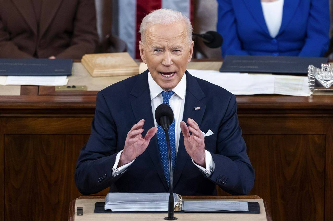 A new poll suggests a majority of Canadians still see the United States as their country’s closest ally, even in an age of isolationism and protectionist policies. President Joe Biden delivers his first state of the union address to a joint session of Congress at the Capitol, March 1, 2022, in Washington. THE CANADIAN PRESS/Jim Lo Scalzo-Pool via AP
