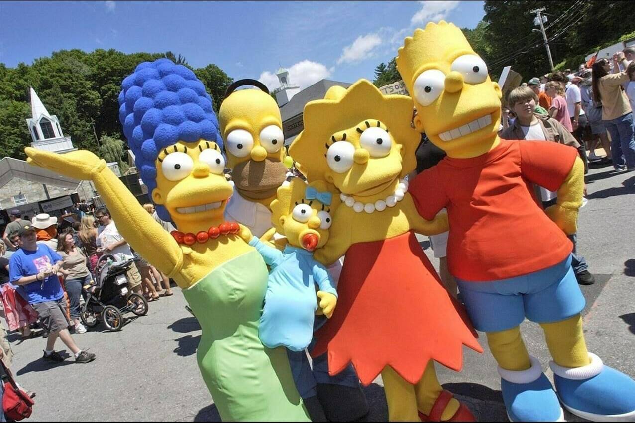Characters from The Simpsons pose before the premiere of “The Simpsons Movie”, Springfield, Vermont, July 21, 2007. Walt Disney Co. has been recently removed an episode from cartoon series The Simpsons that included a reference to “forced labor camps” in China from its streaming service in Hong Kong. (AP Photo)