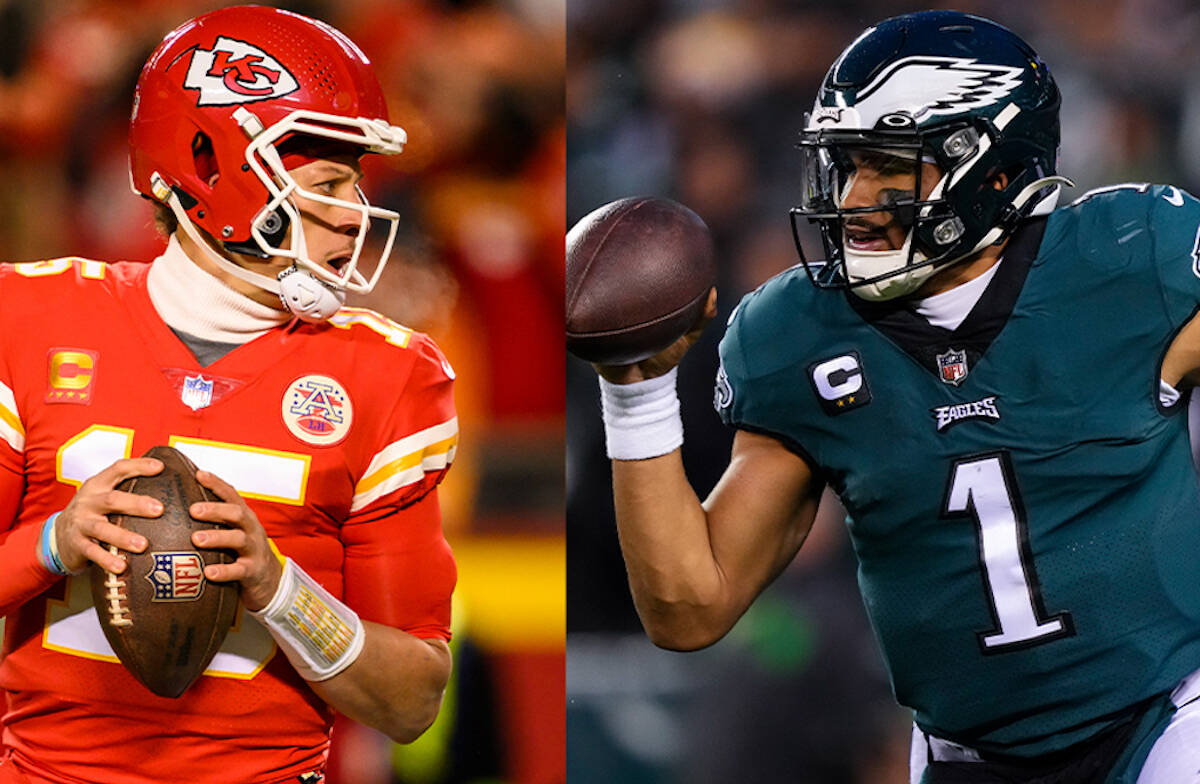 Patrick Mahomes and the Kansas City Royals and Jalen Hurts and the Philadelphia Eagles face each other in Super Bowl 57 on Sunday, Feb. 12. (@AroundtheNFL/Twitter)