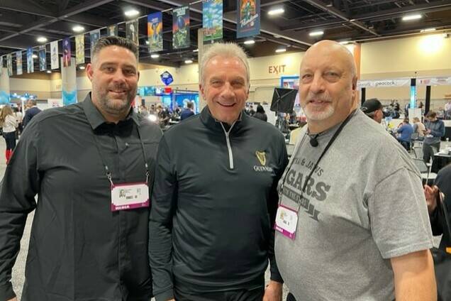 Bob Marjanovich poses with podcast co-host Chris Burns and legendary quarterback Joe Montana in Phoenix ahead of the Super Bowl. (courtesy Bob Marjanovich)