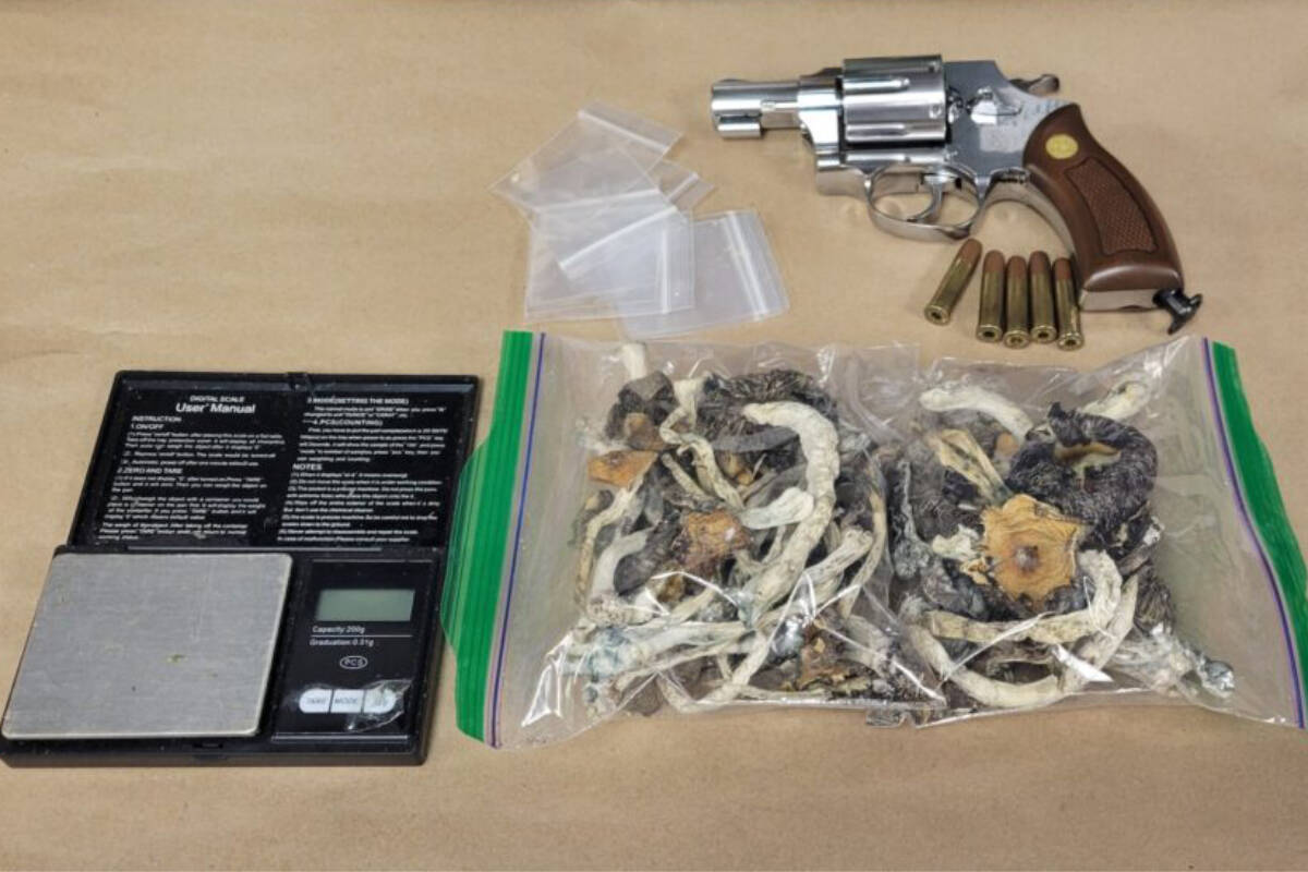 The replica revolver, drugs and scale discovered by police as shown. (Courtesy Saanich Police Department)