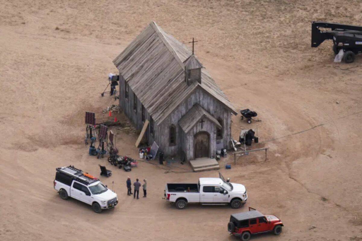 FILE - This aerial photo shows the Bonanza Creek Ranch in Santa Fe, N.M., on Saturday, Oct. 23, 2021. A Santa Fe district attorney is prepared to announce whether to press charges in the fatal 2021 film-set shooting of a cinematographer by actor Alec Baldwin during a rehearsal on the set of the Western movie “Rust.” Santa Fe District Attorney Mary Carmack-Altwies said a decision will be announced Thursday morning, Jan. 19, 2022, in a statement and on social media platforms. (AP Photo/Jae C. Hong, File)