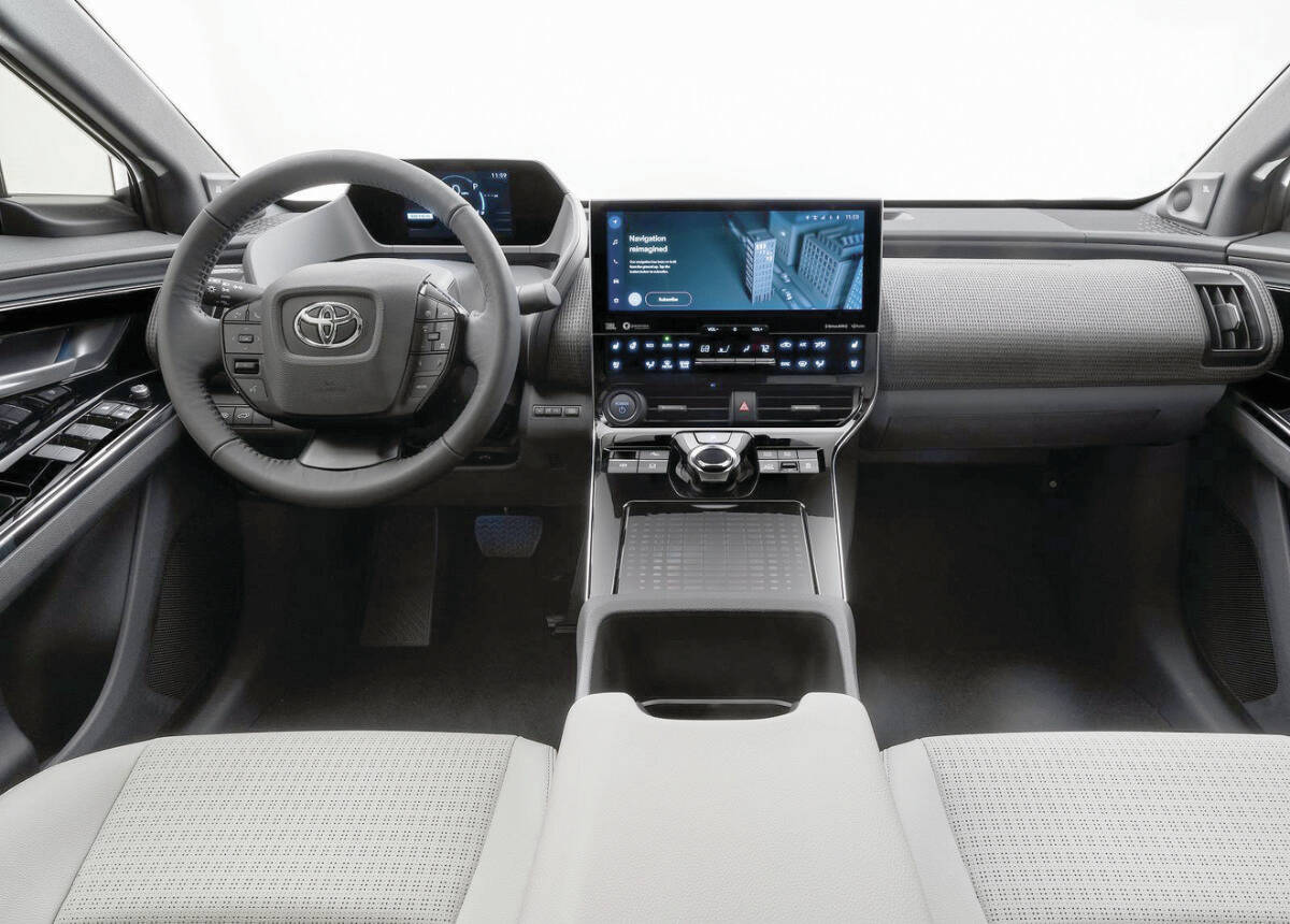 The bZ4X’s interior styling is referred to by Toyota as “open concept,” with a large touch-screen dominating an otherwise clutter-free dashboard. PHOTO: TOYOTA