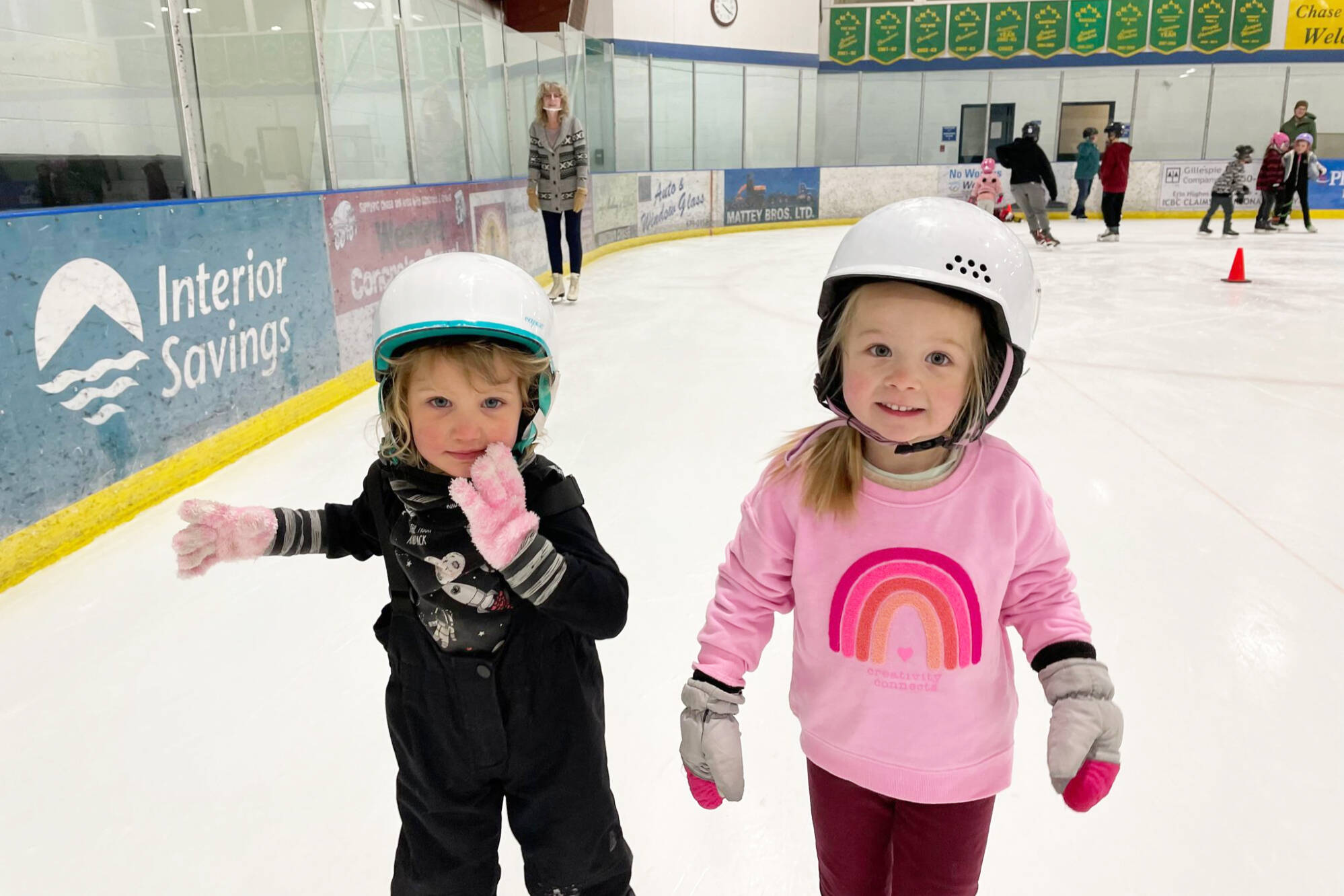 Ari Chouinard and Livie Redel at a figure skating practice at Chase Arena with the Shuswap Skating Club. The club is fundraising to host a Skate Canada Interclub competiton in November 2023 with a teddy bear toss program and more. (Shuswap Skating Club photo)