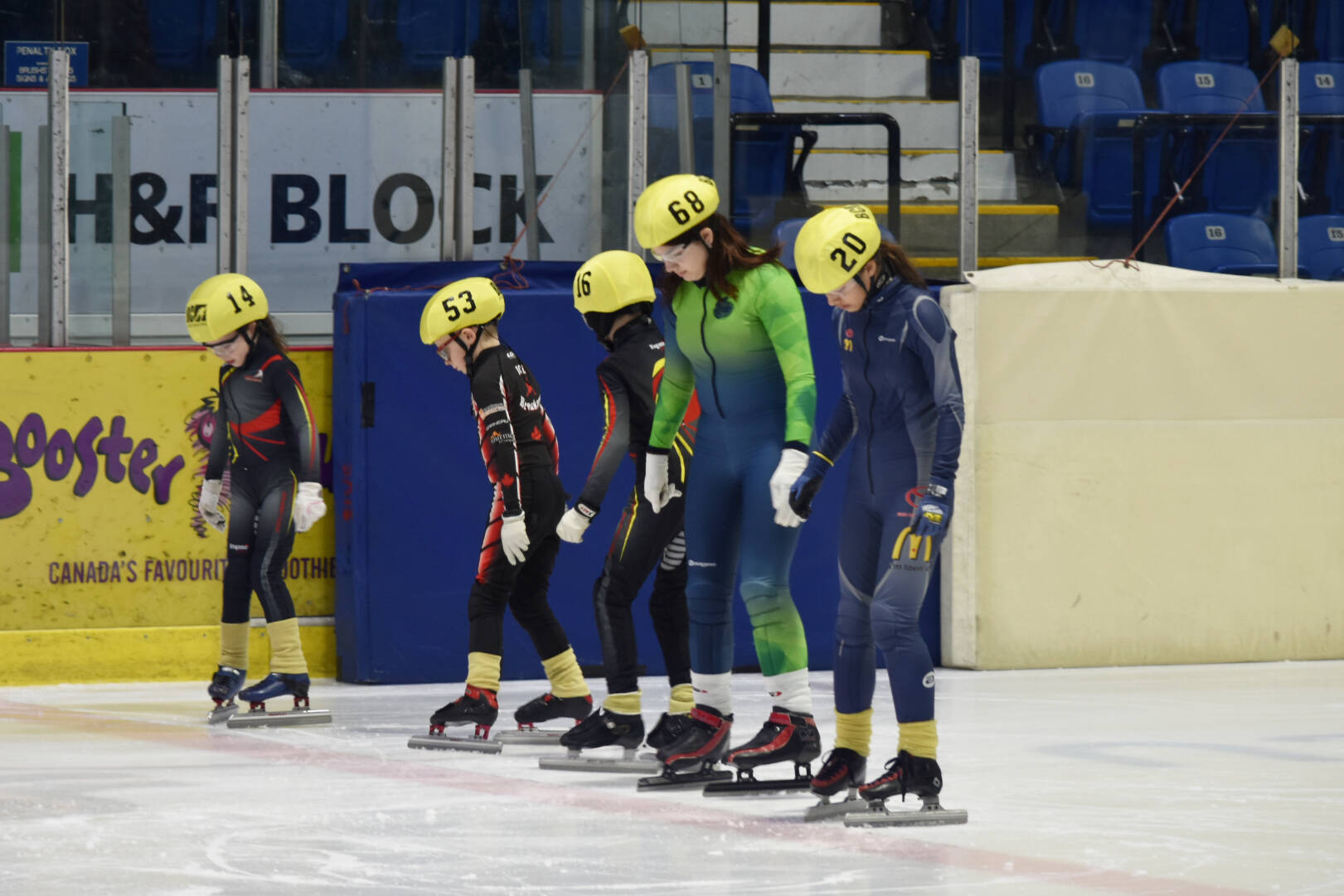 Child/ Pre-youth division speed skaters Mykenzie Acton from Kelowna, Callum Fleming from Salmon Arm, Harrison Wiebe from Kelowna, Kara Fortin from Williams Lake and Taylor Hughes from Kelowna line up to race at the Salmon Arm Interior FUNale competition, Feb. 11, 2023. (Rebecca Willson- Salmon Arm Observer)