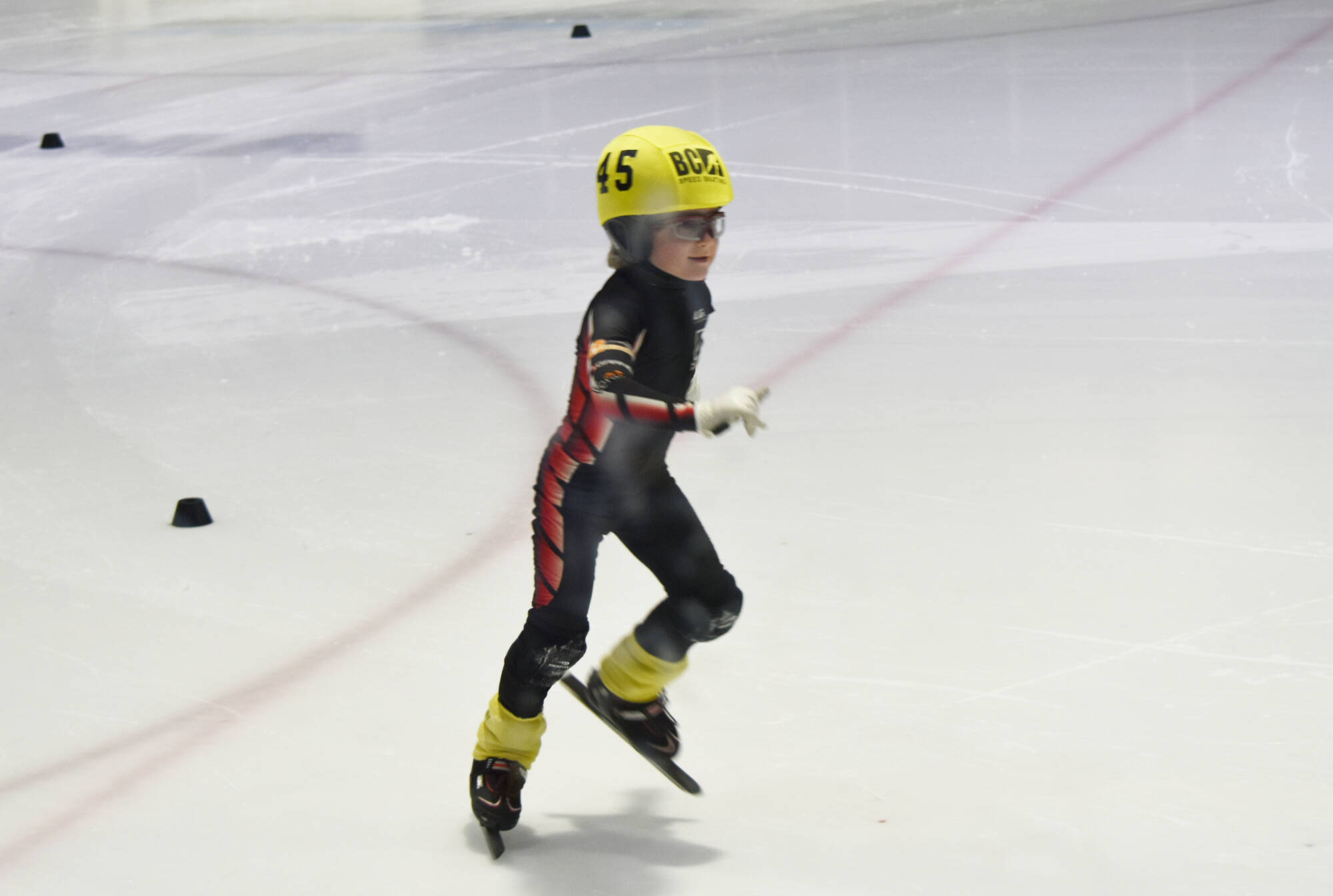 Salmon Arm speed skater Fletcher Price finishes out his lap in a 200 metre heat at the Salmon Arm Interior FUNale competition, Saturday Feb. 11, 2023. (Rebecca Willson- Salmon Arm Observer)