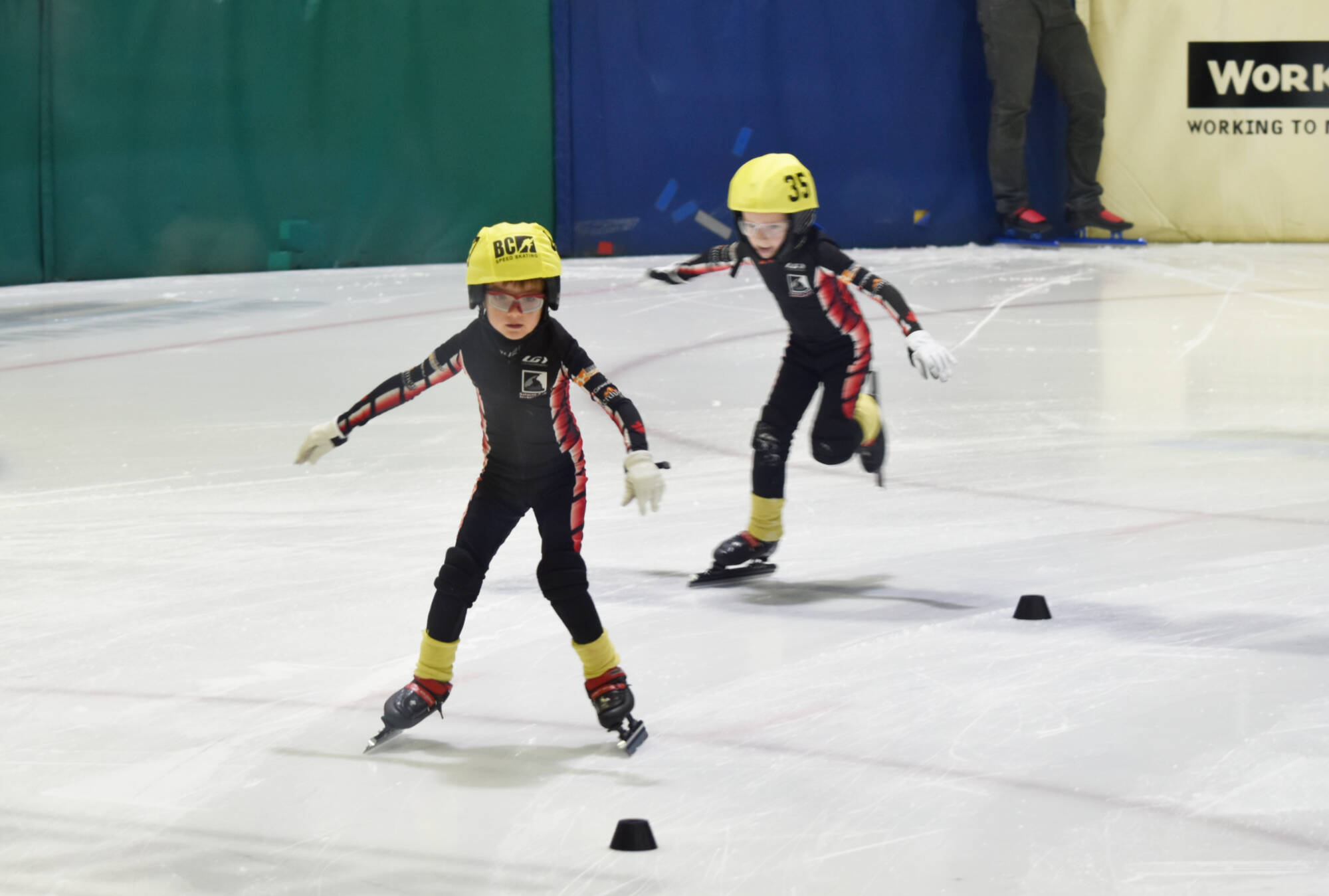 Salmon Arm speed skaters Wilbur Folkman and Orin Belcher battle it out for the win in the 200 metre heat at the Salmon Arm Interior FUNale Saturday, Feb. 11, 2023. (Rebecca Willson- Salmon Arm Observer)