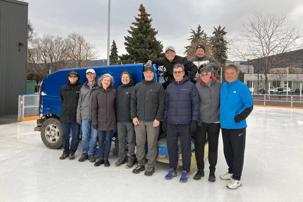 The volunteers who maintain Penticton’s outdoor rink on 107 Martin Street. Front row from left to right: Frank Gair, Mark Hammerquist, Cathy Terris, Chris Terris, John Buckley, Lance Zablotney, Patrick Meyer, Chris Araki. Back row from left to right: Gord Barnes, Dave Burgoyne. Missing from picture: Ralph Consolo, Kent Fiske, Lloyd Lindsay, and crew chief Cam Gunning. (Contributed)
