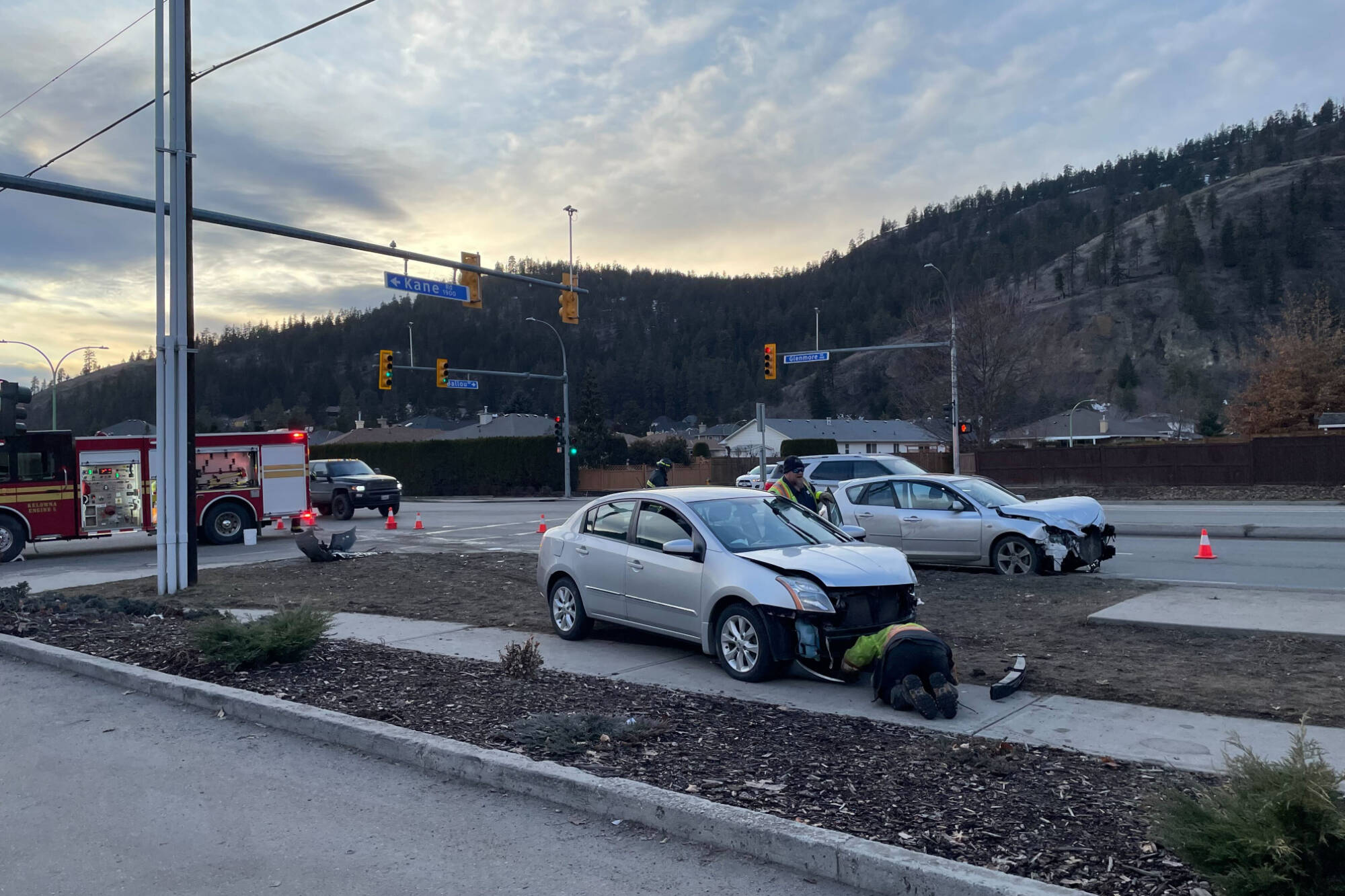 A two-vehicle crash has slowed traffic at Glenmore Road and Kane Road in Kelowna Saturday, Feb. 11, 2023. (Jordy Cunningham - Capital News)