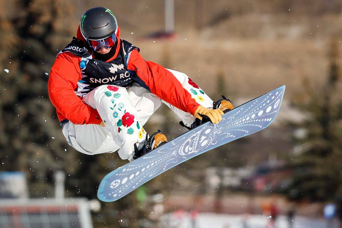 Canada’s Darcy Sharpe competes during the men’s World Cup slopestyle snowboard event in Calgary, Alta., Sunday, Feb. 12, 2023.THE CANADIAN PRESS/Jeff McIntosh