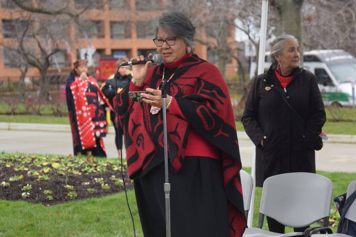 Assembly of First Nations National Chief RoseAnne Archibald spoke on the legislature lawn after the march. (Brendan Mayer/News Staff)