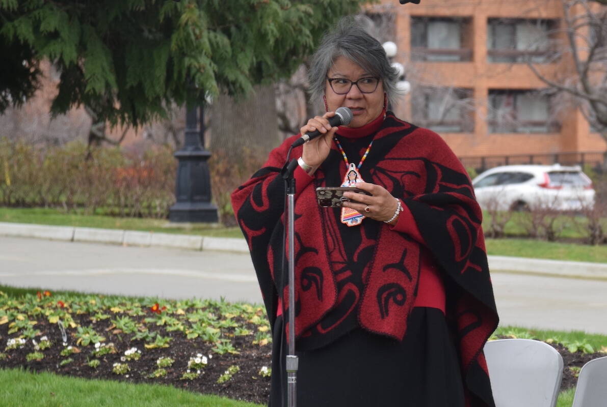 Assembly of First Nations National Chief RoseAnne Archibald spoke on the legislature lawn after the march. (Brendan Mayer/News Staff)