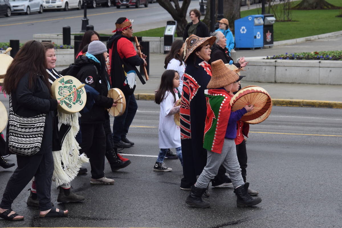 Indigenous drummers led hundreds from Our Place Society to the legislature building during the Stolen Sisters Memorial March on Feb. 12. (Brendan Mayer/News Staff)