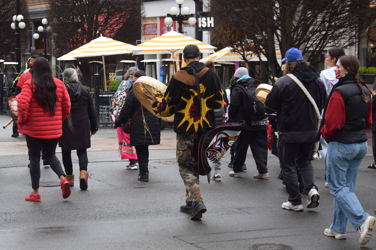 Indigenous drummers led hundreds from Our Place Society to the legislature building during the Stolen Sisters Memorial March on Feb. 12. (Brendan Mayer/News Staff)